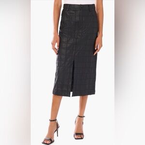 Brand New Halogen Black Quilted Faux Leather Midi Skirt with Center Slit